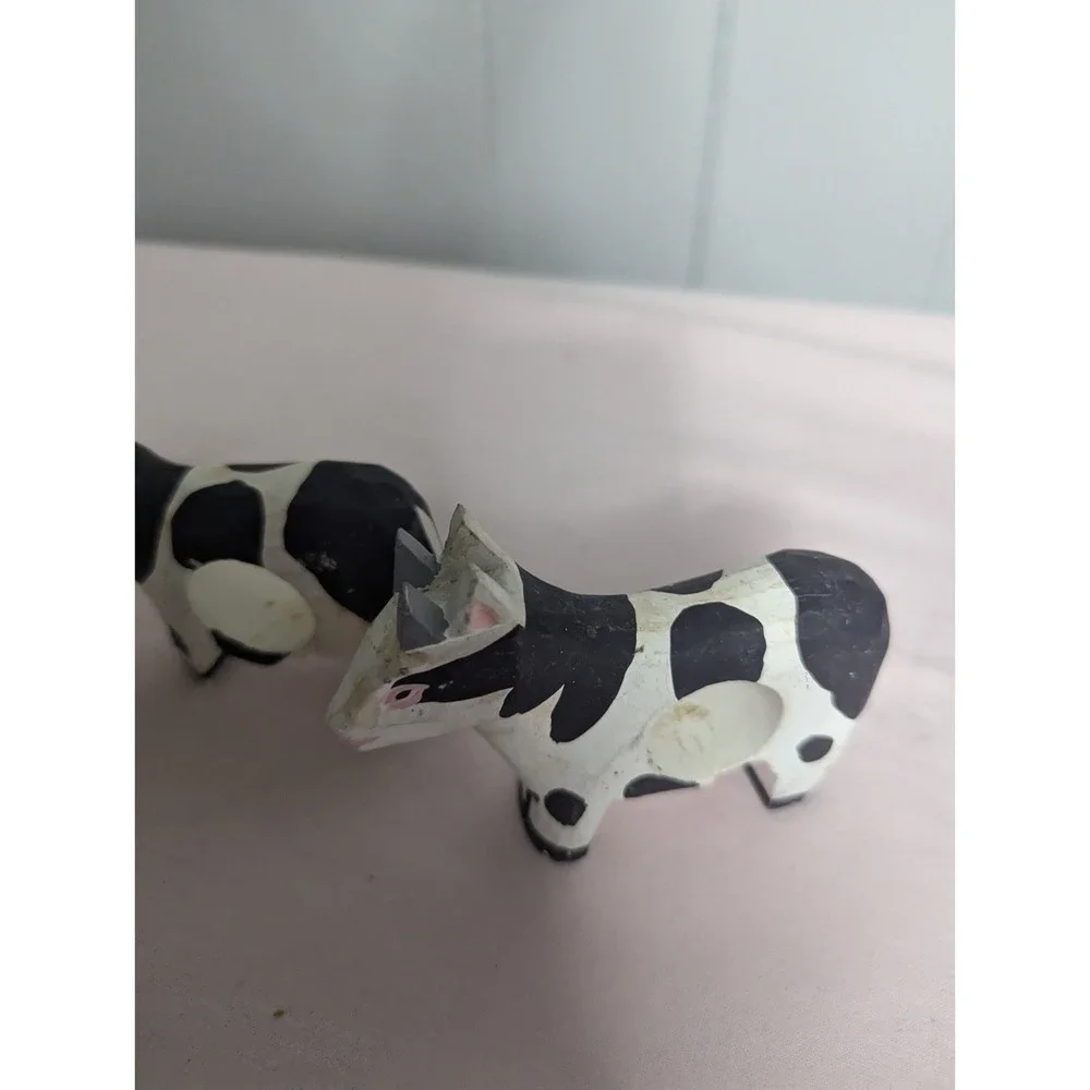 3 lot‎ wood painted cow black white napkin ring holders